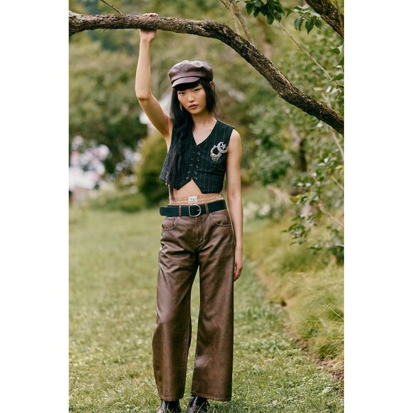 NWT Free People high rise, wide barrel distressed vegan leather pant, 27 - Picture 7 of 16